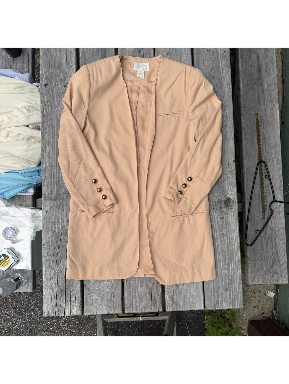 Vintage Apart Women’s Peach Longline Collarless Blazer Size 10‎ Gold Buttons USA - Picture 4 of 10